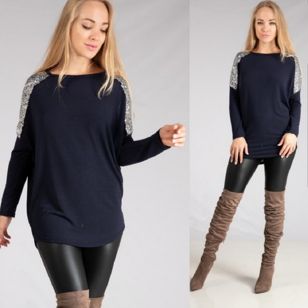 Sequin Shoulder Navy Blue Knit Top